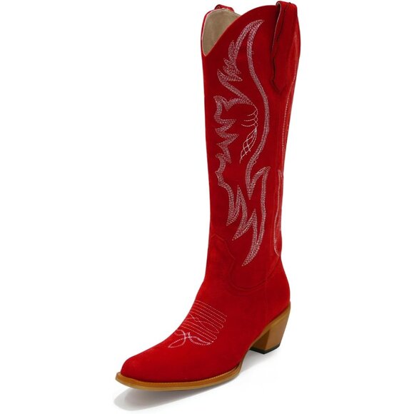 Women's Red Mid Calf Cowgirl Western Boots Embroidered Suede Pull On Almond Toe - Picture 1 of 7